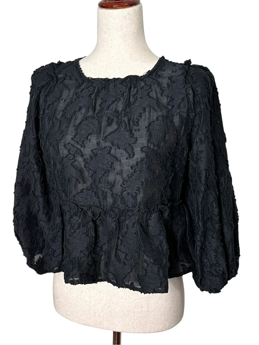 Free People Callie Black Textured Puff-Sleeve Peplum Blouse. Bohemian. Festival